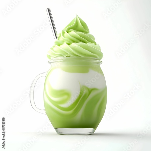 3D Render of Matcha Latte with Whipped Cream in Glass Jar