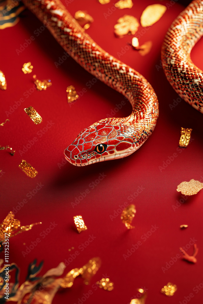 top view of red snake with golden Chinese style print, red background, soft and festive, golden confetti scattered, lunar new year symbol 2025 top view of red snake with golden Chinese style print, red background, soft and festive, golden confetti scattered, lunar new year symbol 2025