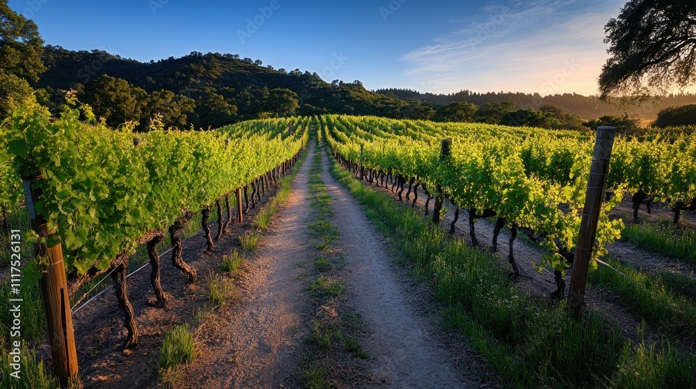 Fototapeta premium Vineyard Pathway at Sunset Golden Hour Light