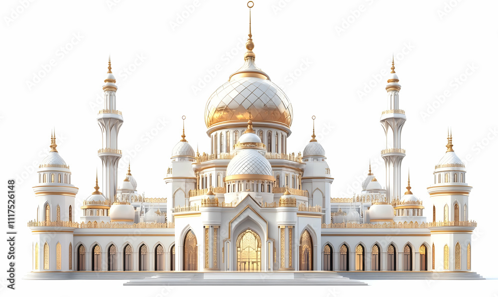 A grand, ornate white and gold mosque with multiple domes and minarets.