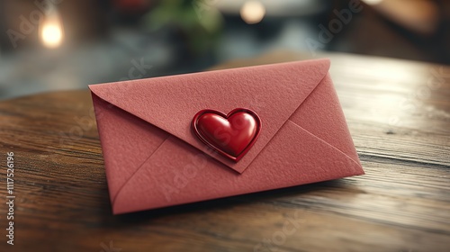 A rosy red envelope with a heart-shaped emblem rests on a wooden table, suggesting a love letter.