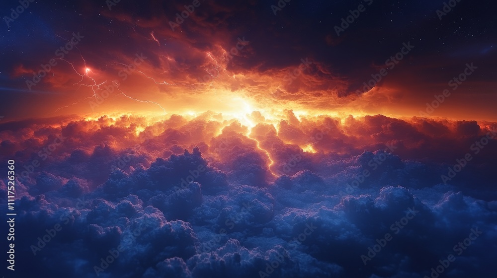 Naklejka premium Astronaut captures breathtaking view of thunderstorm from outer space at sunset