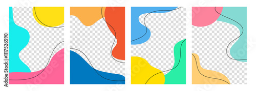Set of graphic templates. Transparent background. Bright colored various dynamic liquid shapes and black outlines for creative graphic design. Vector illustration.