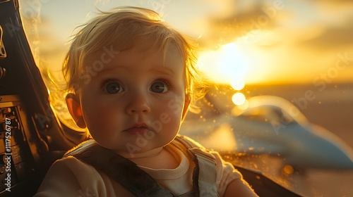 A baby sitting in the cockpit of an F-20 fighter jet, symbolizing innocence and adventure, with a whimsical twist on aviation and military themes. The image captures a playful contrast between childho photo