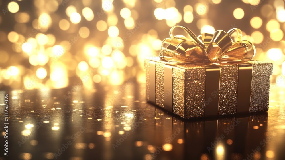 A Glittering Gold Gift Box Under Festive Lights A Glittering Gold Gift Box Under Festive Lights