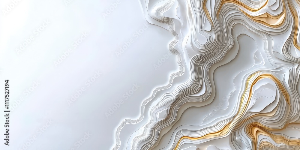 A modern, abstract design featuring flowing lines in white and gold against a soft background, creating a sense of elegance and fluidity.