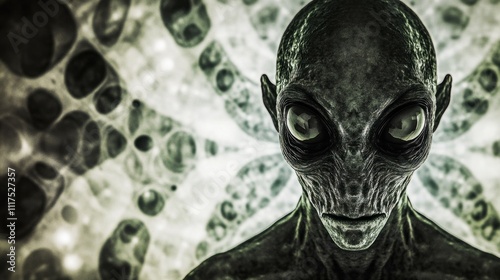 A gray alien with large black eyes and textured skin stares intensely at the viewer, set against a mesmerizing cosmic backdrop filled with abstract patterns photo