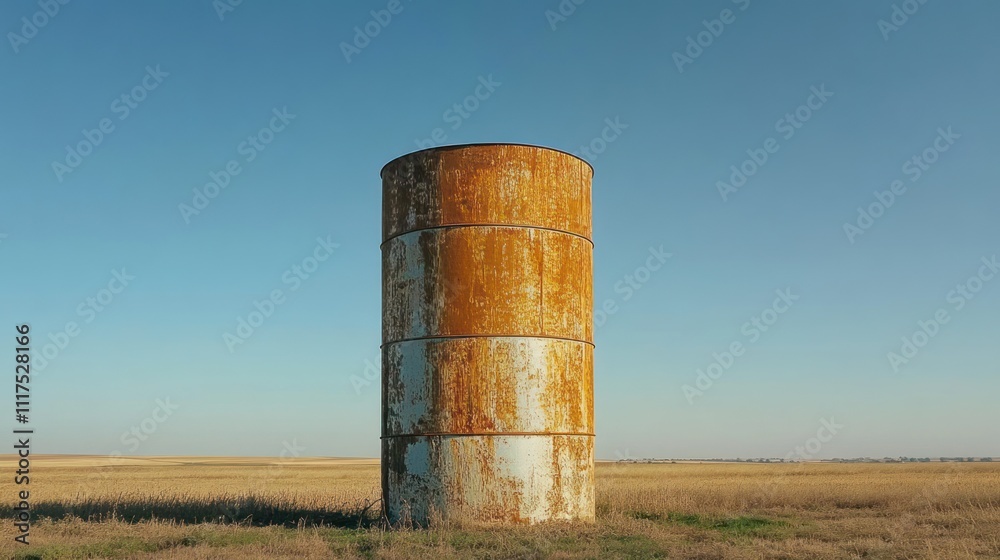Rusty Metal Silo Stands in Golden Wheat Field Rusty Metal Silo Stands in Golden Wheat Field