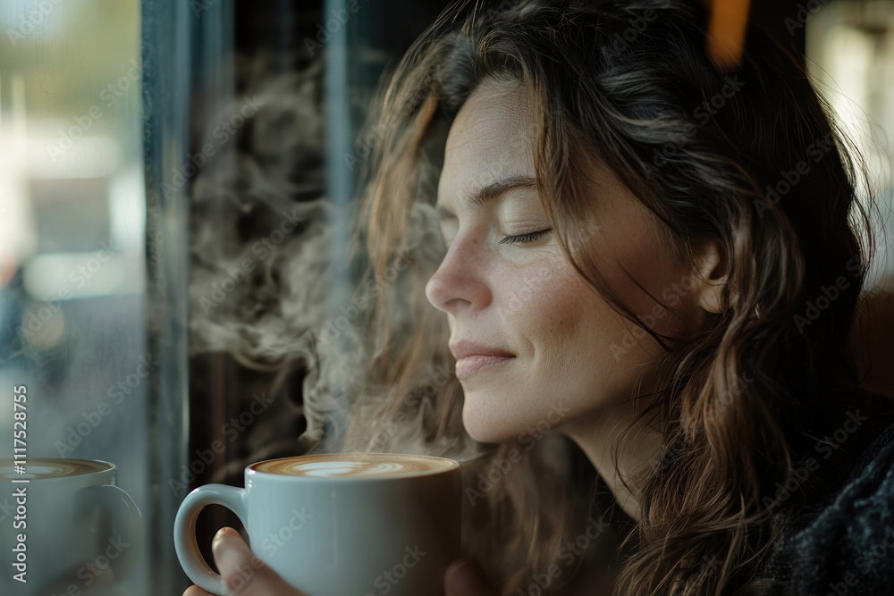 Woman enjoying a warm cup of coffee while gazing thoughtfully out the window Woman enjoying a warm cup of coffee while gazing thoughtfully out the window