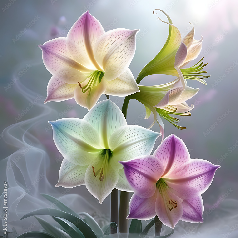 Fototapeta premium Beautiful Amaryllis flowers with translucent petals showcasing iridescent hues, creating a surreal and magical ambiance, cool spectrum amaryllis flowers. Created with generative AI