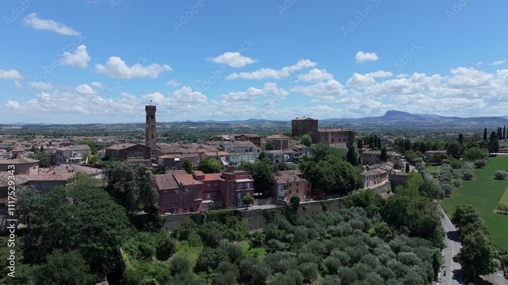 speedy forward aerial journey into the old town of Santarcangelo di Romagna and the farmland beyond it speedy forward aerial journey into the old town of Santarcangelo di Romagna and the farmland beyond it