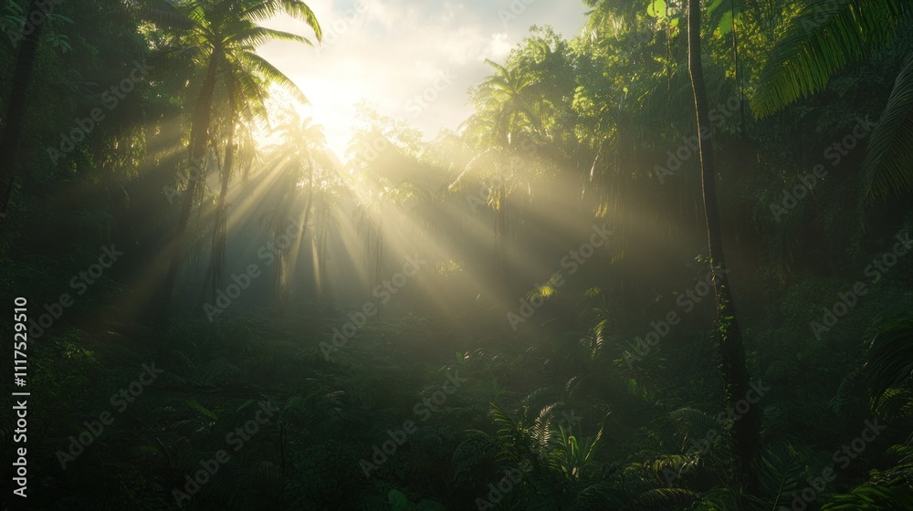 Sunbeams Illuminate Lush Tropical Rainforest Canopy Sunbeams Illuminate Lush Tropical Rainforest Canopy