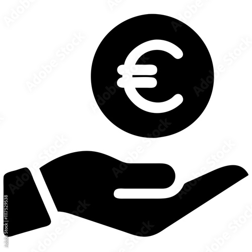 Business icon of a hand holding euro coin representing finance and currency exchange
