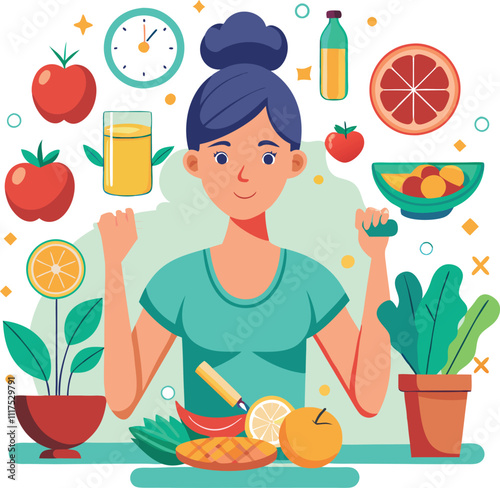 woman healthy eating diet vegetarian vector illustration graphic design art