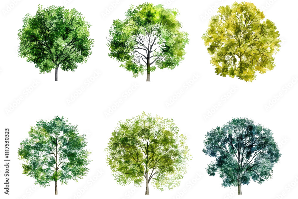 Fototapeta premium Lush Tree Collection Watercolor Top View for Landscaping Design