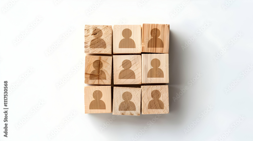 Obraz premium Wooden Blocks Illustration of a Team Nine People Icon Teamwork Collaboration