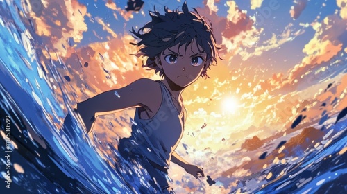 Determined young person wading through ocean waves at sunset.