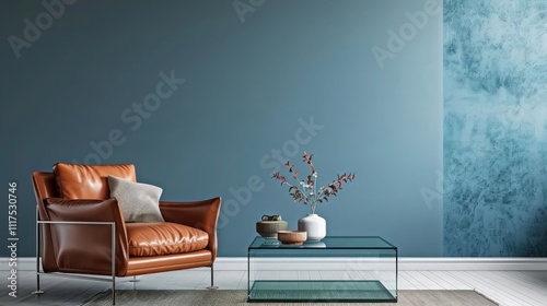 Modern minimalist living room with matte blue wall, featuring a cozy brown leather armchair and a minimalist glass coffee table in a contemporary suburban home,