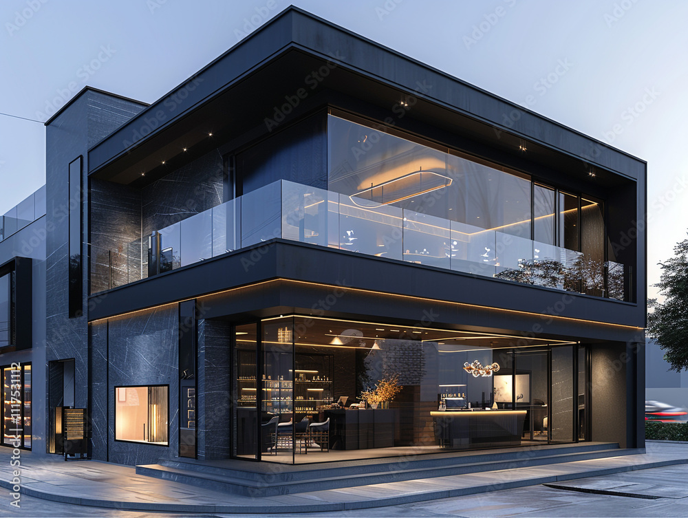 Modern boutique with a sophisticated black and grey facade, highlighted by subtle indigo lighting. The design merges elegantly with the dusk Modern boutique with a sophisticated black and grey facade, highlighted by subtle indigo lighting. The design merges elegantly with the dusk
