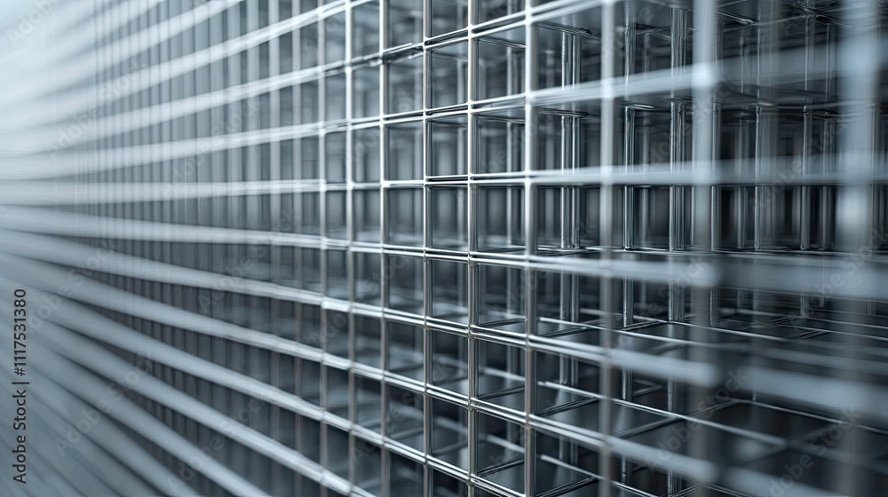 A stack of metallic grids with a brushed steel texture, arranged symmetrically in a factory setting A stack of metallic grids with a brushed steel texture, arranged symmetrically in a factory setting