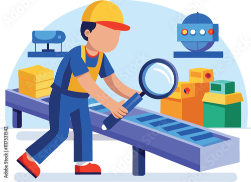 factory manufacturing worker quality check inspect supervising products vector illustration graphic design art 
