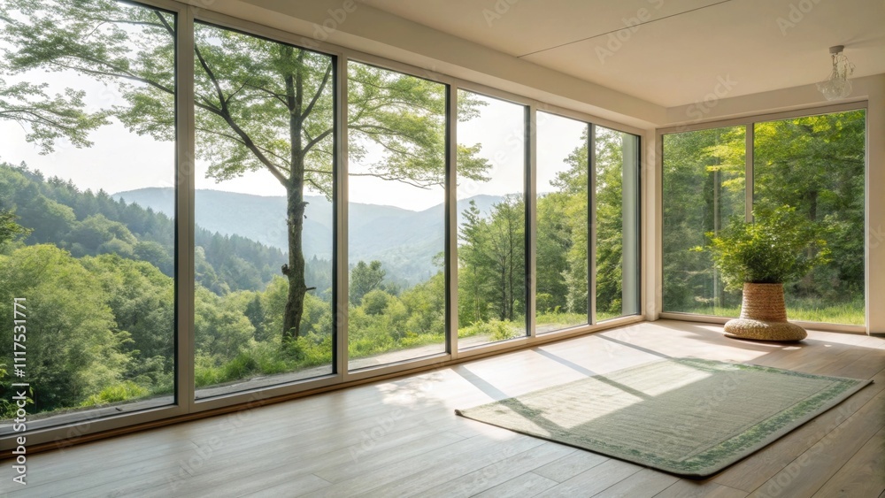 Floortoceiling windows allow natural light to flood the area enhancing the energizing environment and providing breathtaking views of greenery outside fostering a sense of
