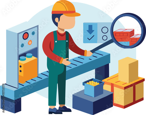 factory manufacturing worker quality check inspect supervising products vector illustration graphic design art 