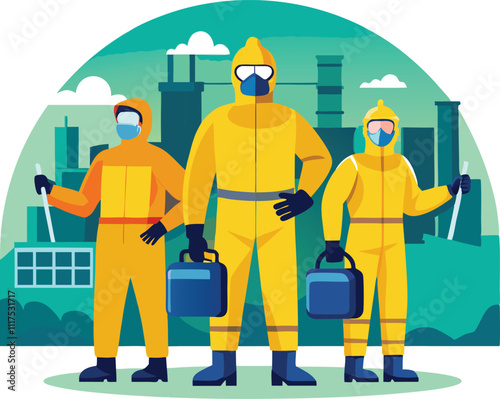 pandemic hazard industry workers in hazmat suit gas mask vector illustration graphic design art