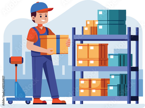 worker storing products in warehouse storage vector illustration graphic design art