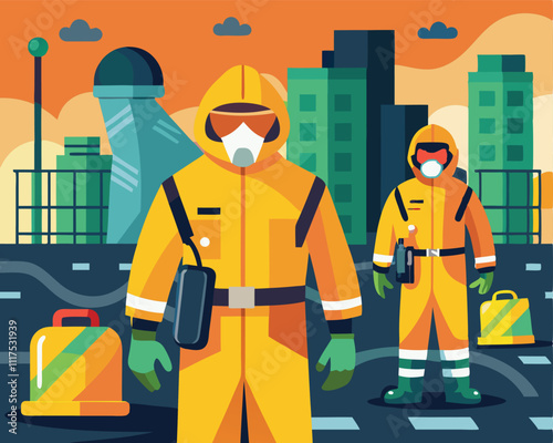 pandemic hazard industry workers in hazmat suit gas mask vector illustration graphic design art