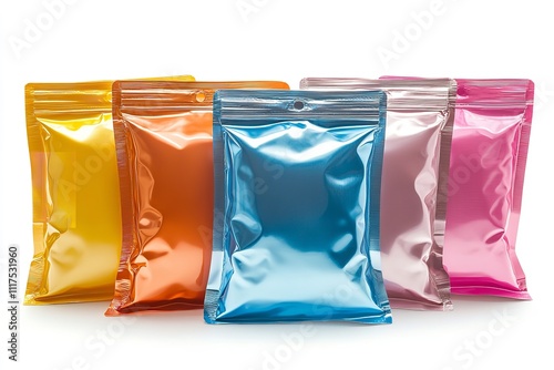 Excellent grade Mylar bags with solid-colored packaging isolated on a white backdrop. Generative Ai