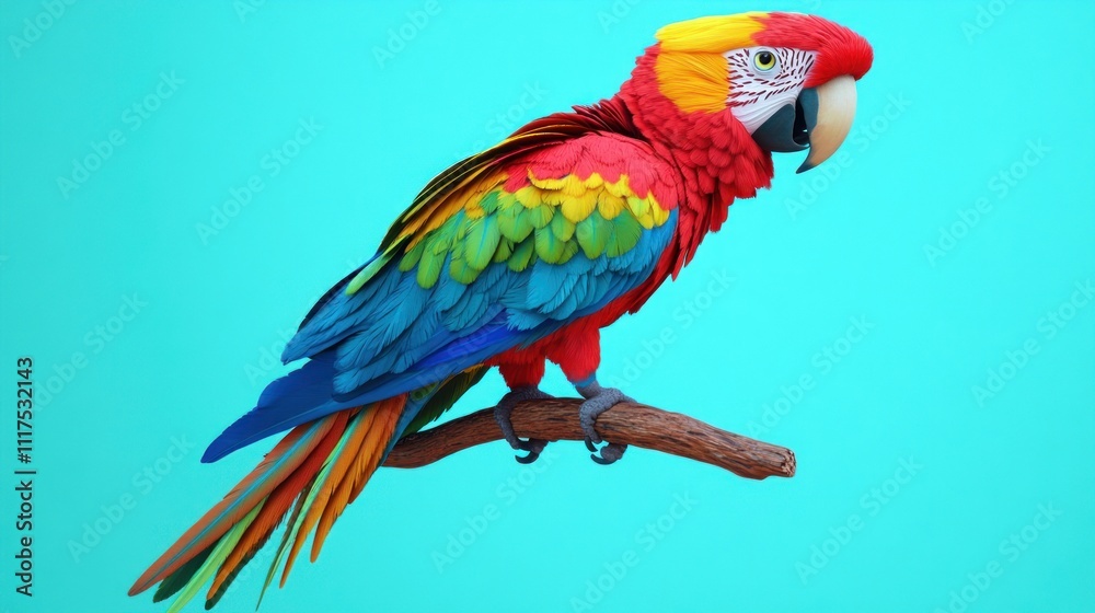 Scarlet Macaw Perched On A Branch Against A Blue Background Scarlet Macaw Perched On A Branch Against A Blue Background
