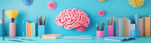 Bring to life a vibrant, whimsical paper brain cutout surrounded by colorful art supplies and books Render in a digital 3D style to showcase creativity photo