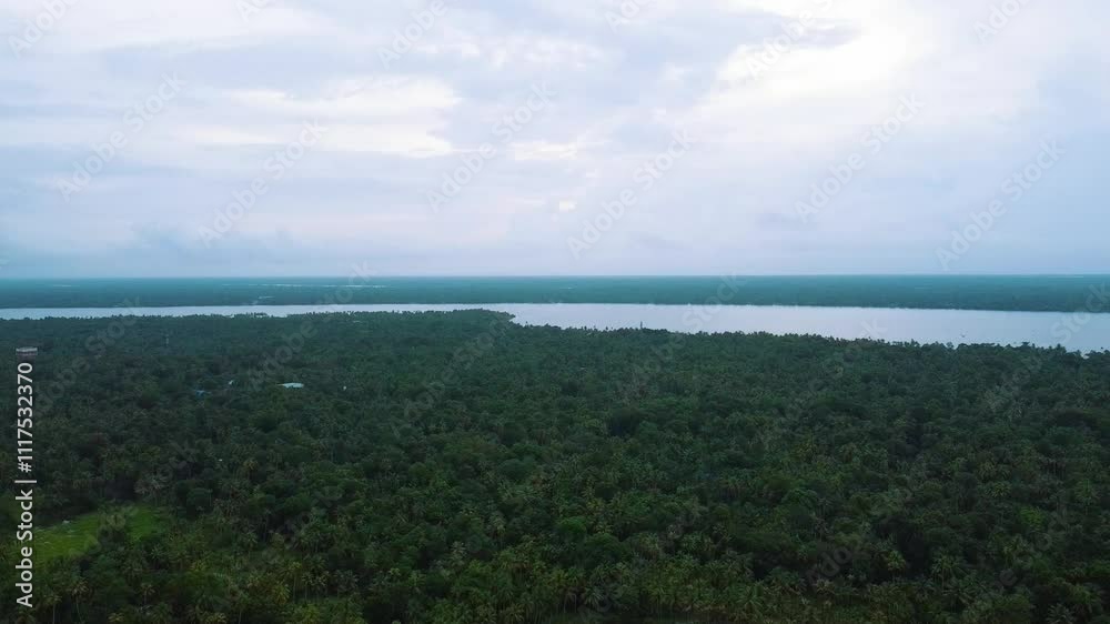 Lake in between two islands, Morning areal view of a beautiful green island in Vembanadu lake in Kerala. Areal view of Coconut Plant rich area, Perumbalam, Alleppy.India,Asia Lake in between two islands, Morning areal view of a beautiful green island in Vembanadu lake in Kerala. Areal view of Coconut Plant rich area, Perumbalam, Alleppy.India,Asia