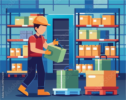 worker storing products in warehouse storage vector illustration graphic design art