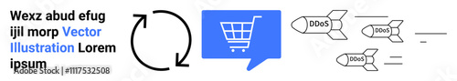 Refresh arrows, chat bubble with shopping cart, and arrows labeled DDoS and hack flying thumbs up missiles. Ideal for cybersecurity, e-commerce, threats, online shopping safety, digital