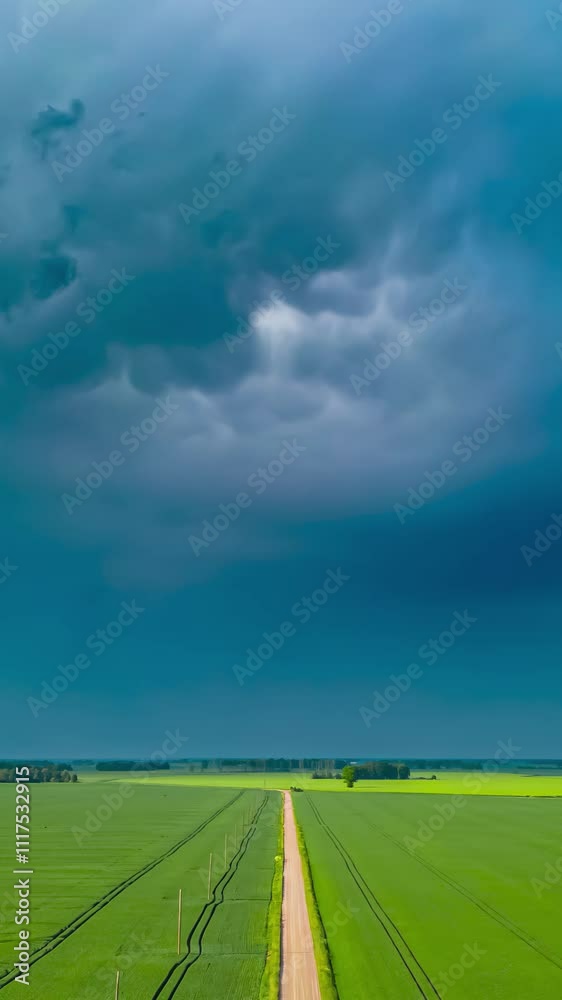 Aerial Vertical Hyperlapse fly countryside road among fields and stormy clouds skyline getting dark, farmland or green crops cultivation Aerial Vertical Hyperlapse fly countryside road among fields and stormy clouds skyline getting dark, farmland or green crops cultivation