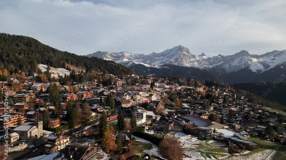 Long aerial of the Swiss Mountain Village of Villars at golden hour, 4K Long aerial of the Swiss Mountain Village of Villars at golden hour, 4K
