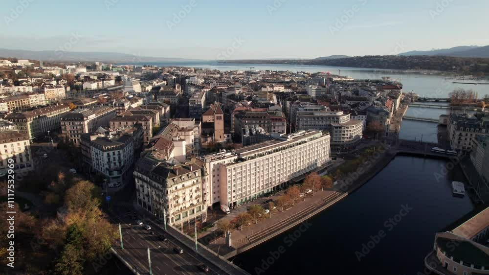 Rhone River in Geneva Switzerland, 4K drone shot Rhone River in Geneva Switzerland, 4K drone shot