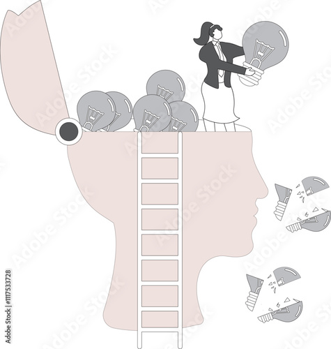 Cleaning out minds and brains, clearing out useless thoughts and ideas, increasing creative productivity, businesswomen throwing gray useless light bulbs out from inside the big ones