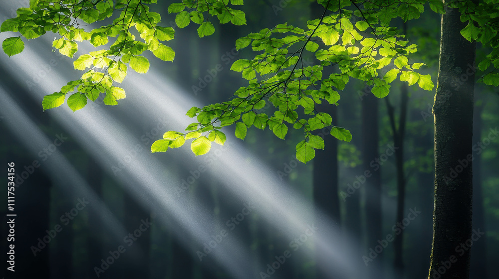 Obraz premium Sunlight Rays Filtering Through Lush Green Leaves in Serene Forest Landscape