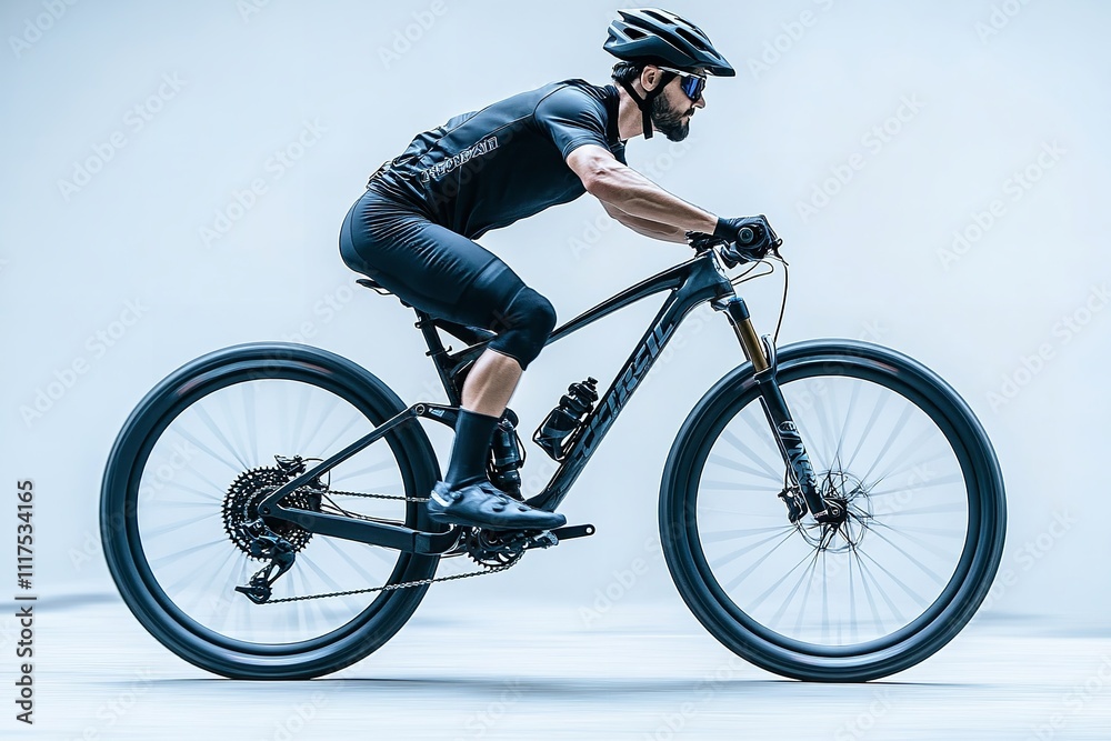Fototapeta premium Professional cyclists ride sleek, black mountain bikes of excellent quality, isolated on a white background. Generative Ai