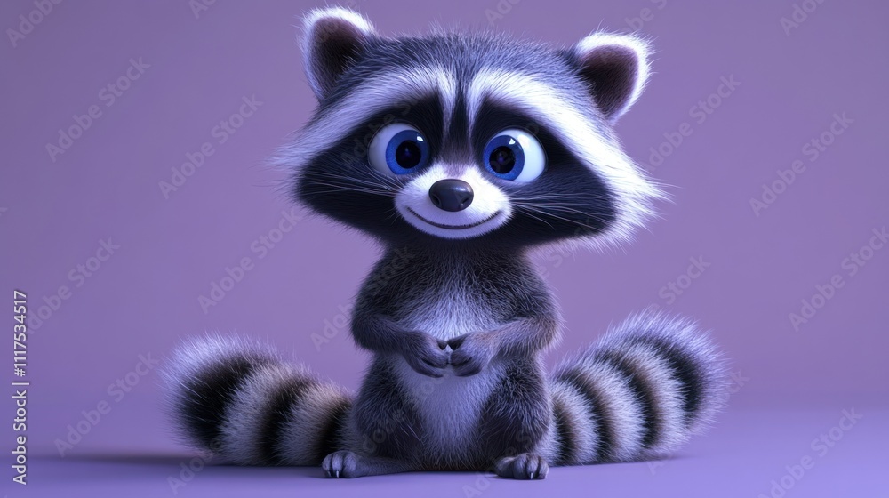 Adorable Cartoon Raccoon Sitting Pretty on Purple Background Adorable Cartoon Raccoon Sitting Pretty on Purple Background