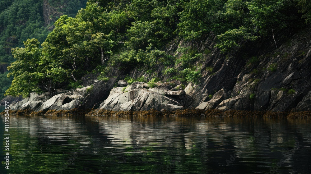 Lush Green Trees Adorn Rocky Shoreline Beside Calm Water Lush Green Trees Adorn Rocky Shoreline Beside Calm Water