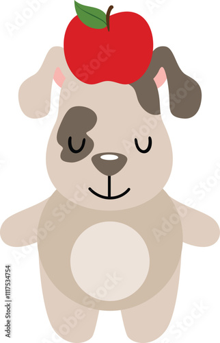 Cute puppy with red apple on his head