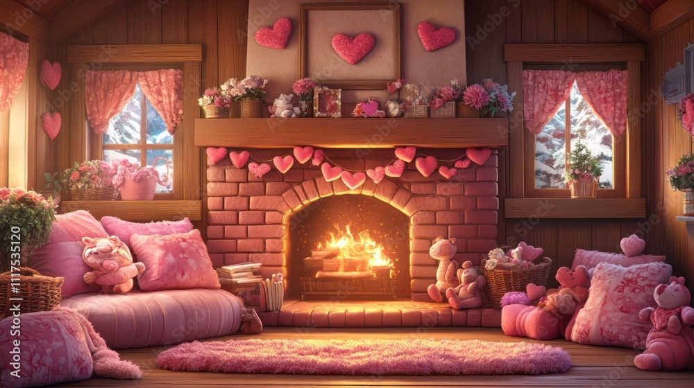Cozy Valentine's Day cabin interior with a fireplace. Cozy Valentine's Day cabin interior with a fireplace.