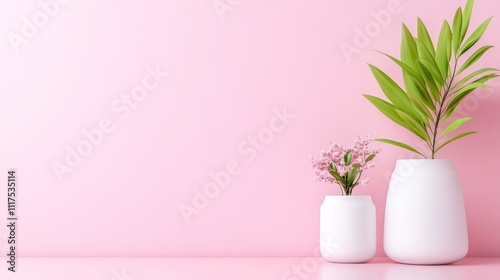 Wallpaper Mural Minimalist 3D Models of Plants in White Vases on Pink Background Torontodigital.ca
