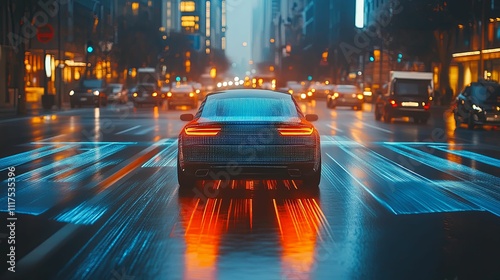 Autonomous Vehicle Navigating City Streets At Night photo