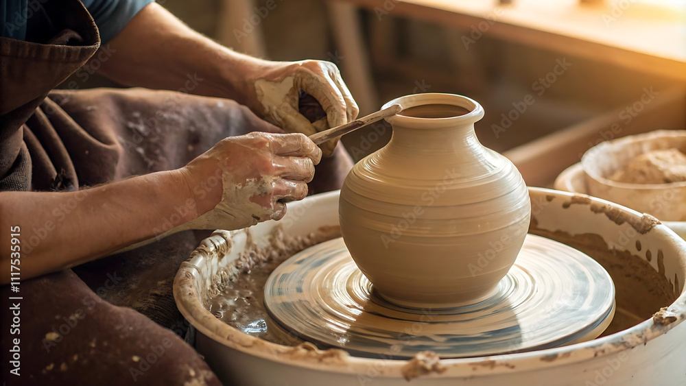 A potter shapes a decorative clay vase by hand in a warm workshop. The detailed carvings and natural light create an artistic and serene atmosphere.
A potter shapes a decorative clay vase by hand in a warm workshop. The detailed carvings and natural light create an artistic and serene atmosphere.
