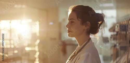 Nurse in a hospital room at sunrise, caring for patients.